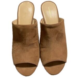 LIZ CLAIBORNE size 7 tobacco colored peep toe suede tan mules EUC